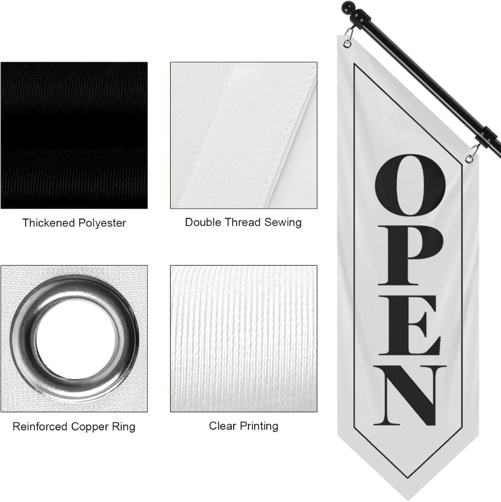 Vintage Style Open Flag, Double - Sided Three - ply Hanging Open Sign with Pole and Mounting Kit (White - B, 27")